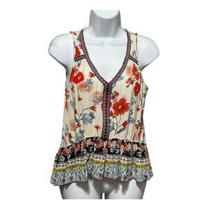Patrons Of Peace Womens Tank‎ Top XS Floral Boho Peplum Rayon Festival Blouse